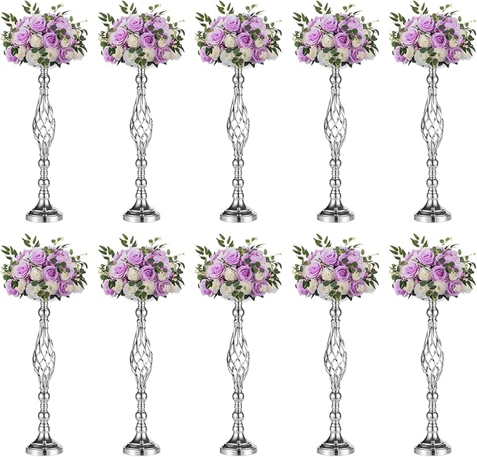 Set of 10 Versatile Silver Flower Arrangement Stand, Pillar Candle Holder Set for Wedding Party Dinner Centerpiece Event Restaurant Hotel Decoration (Silver, 10 x L)