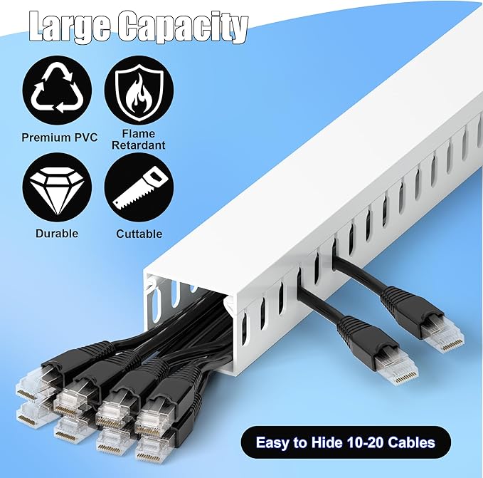 ZhiYo 99in(6X L16.5in) Server Rack Cable Management Raceway, H1.4in x W1.6in Cable Raceway Kit, Electrically Safe PVC Open Slot Wire Raceway for Under Desk/Computer/Network Cords, White