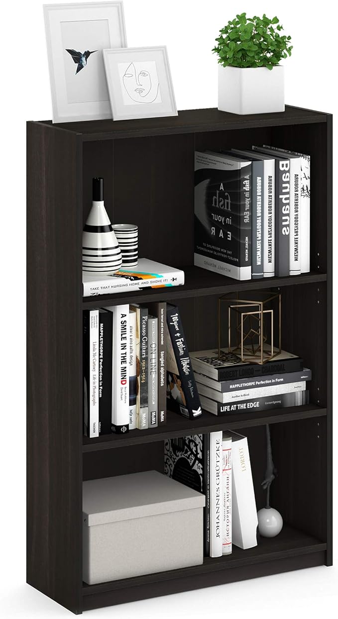 Furinno JAYA Book Shelf, 3-Tier Bookshelf, Bookcase with Adjustable Shelves, 9.5 x 24.5 x 40.3, for Living Room, Bedroom, Home Office, Espresso