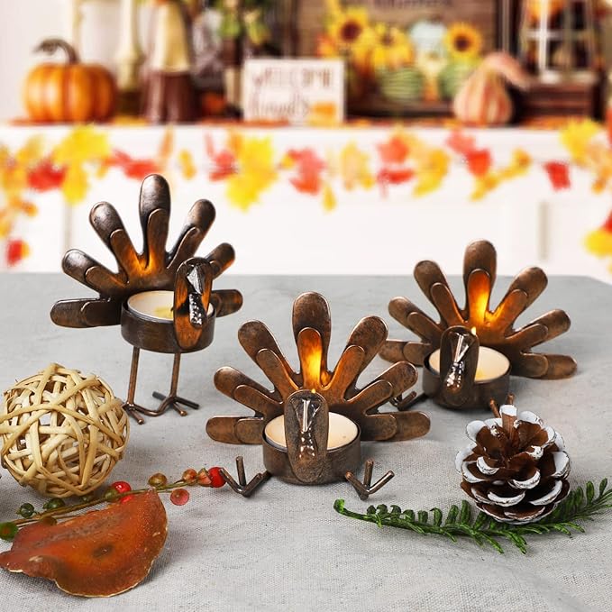 MorTime 12 Pack Turkey Tealight Candle Holders, Bronze Finished Metal Tea Light Candleholders, Thanksgiving Sitting Standing Turkey Holders Set for Table Kitchen Thanksgiving Decorations