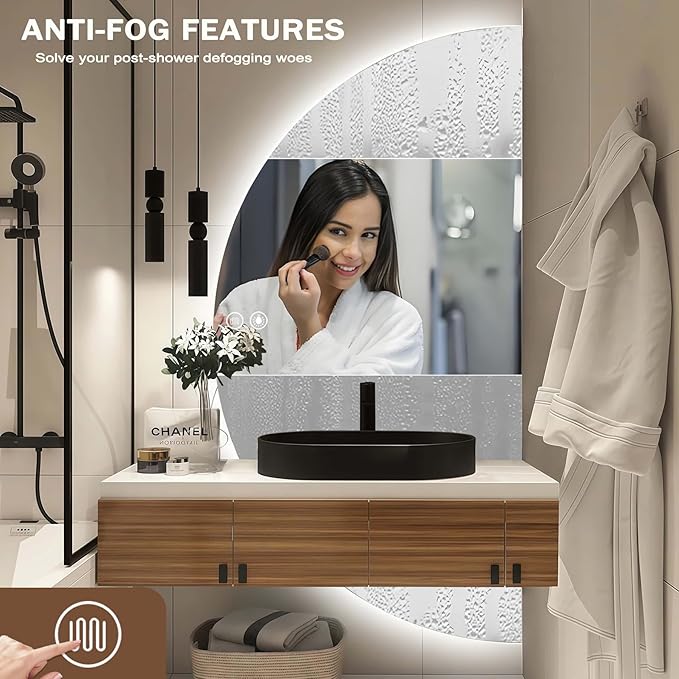 Half Moon Mirrors for Wall, LED Bathroom Mirrors with Lights-Anti-Fog Wall Mirror,Touch Switch Backlit Bathroom Mirror-3 Colors-Dimmable Brightness, Memory