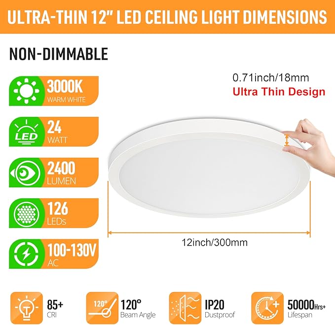 SunRider LED Flush Mount Ceiling Light Fixture, 3000K Warm White, 2400LM, 12 Inch 24W Round Flat Ceiling Lights, 240W Equiv. Panel Lamp, Non-Dimmable