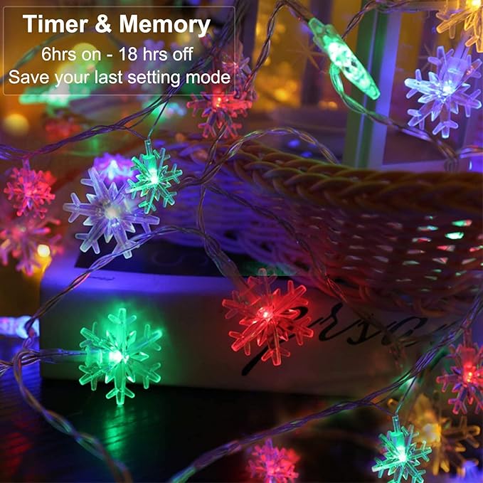 BrizLabs Colored Snowflake Lights, 40 LED 16.08ft Snow Flake Christmas Lights with Remote, 8 Modes LED String Lights Waterproof, Dimmable Battery Xmas Lights for Indoor Outdoor Christmas Tree Decor