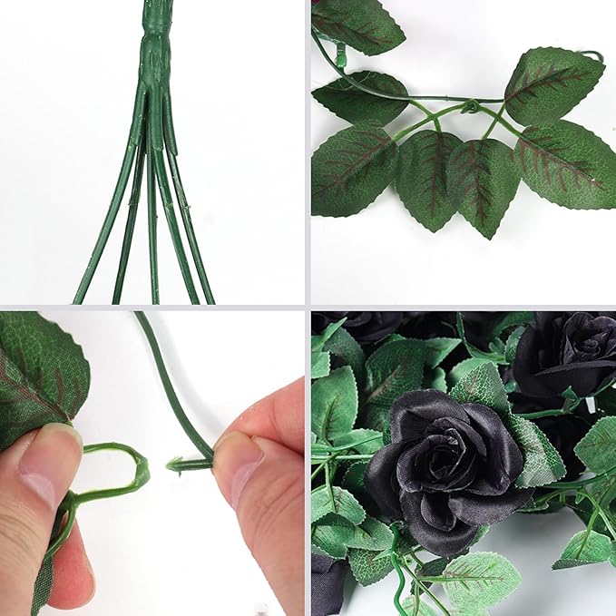 RECUTMS Hanging Flowers Black Artificial Rose Flower 2PCS 3.3Ft for Outdoors with 30 LED Fairy String Lights Fake Indoor Wall Wedding (Black)