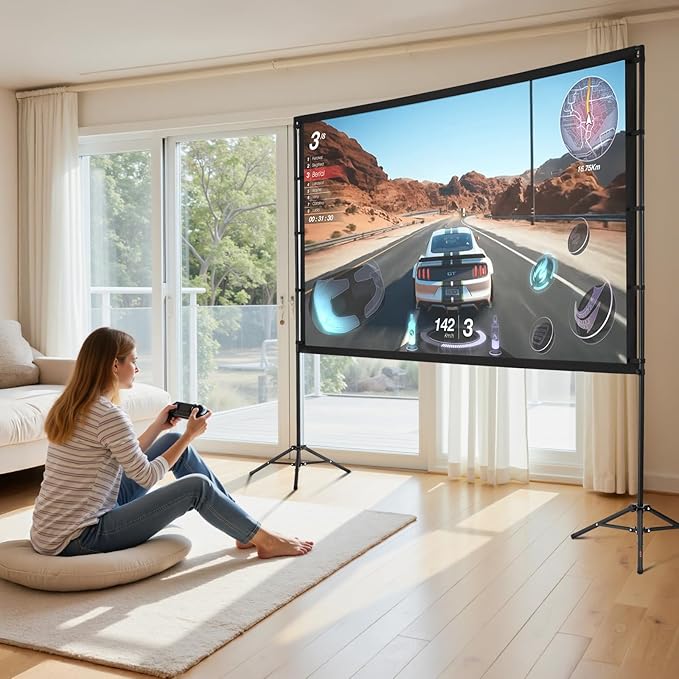 VEVOR Projector Screen with Stand, 100 Inch 160° Wide Angle Indoor Outdoor Projection Screen, 16:9 4K HD Wrinkleless Portable Dual-Tripod Screens with Carry Bag, for Movie Home Theater Presentation