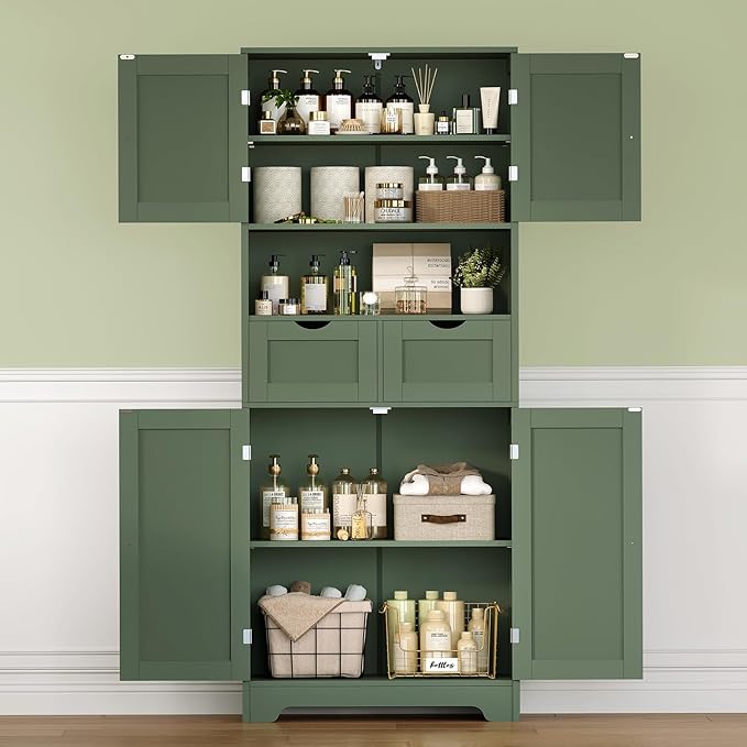 Iwell 58" H Tall Bathroom Storage Cabinet with 2 Drawers & 2 Adjustable Shelves, Bathroom Cabinet with 4 Doors, Tall Cabinet for Living Room, Dining Room, Entryway, Forest Green