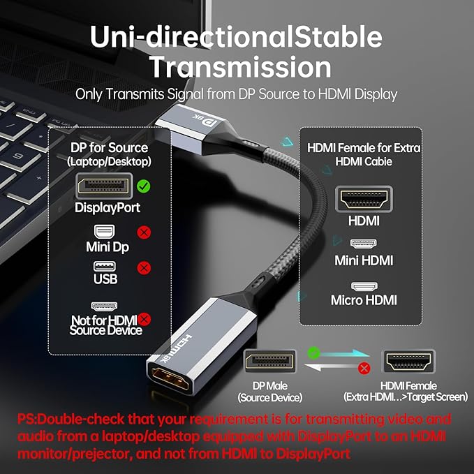 Active DisplayPort to HDMI Adapter, 8K@60Hz 4K@120Hz, DP 1.4 to HDMI 2.1 Converter, Unidirectional for Gaming PC, Laptop, GPU to Monitor, TV, Projector