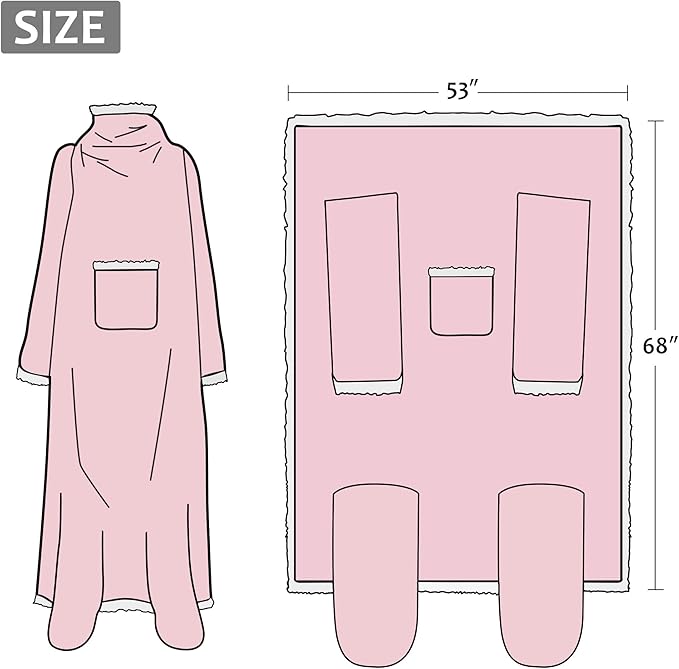 Catalonia Sherpa Wearable Blanket with Sleeves & Foot Pockets for Adult Women Men, Comfy Snuggly Wrap Sleeved Throw Blanket Robe, Gift Idea, Pink