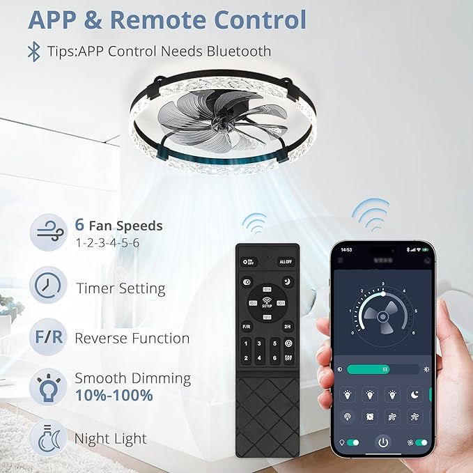 LEDIARY 24 Inch Ceiling Fans with Lights and Remote, Modern Dimmable Low Profile Ceiling Fan, Black Flush Mount Ceiling Fan with 3 CCT and 6 Speeds