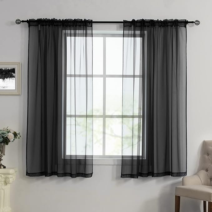 HUTO Black Sheer Curtains 63 Inch Length for Bedroom Rod Pocket Sheer Window Panels for Nursery Living Room, 52" Wx63 L,Set of 2