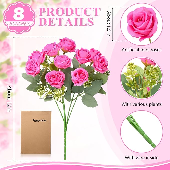 Zeyune 8 Pack 12 Inch Wedding Bouquets for Bride Bridesmaid Hot Pink Artificial Rose Bouquet Fake Silk Roses Flowers Bunches Bulk for Home Office Garden Parties Decoration