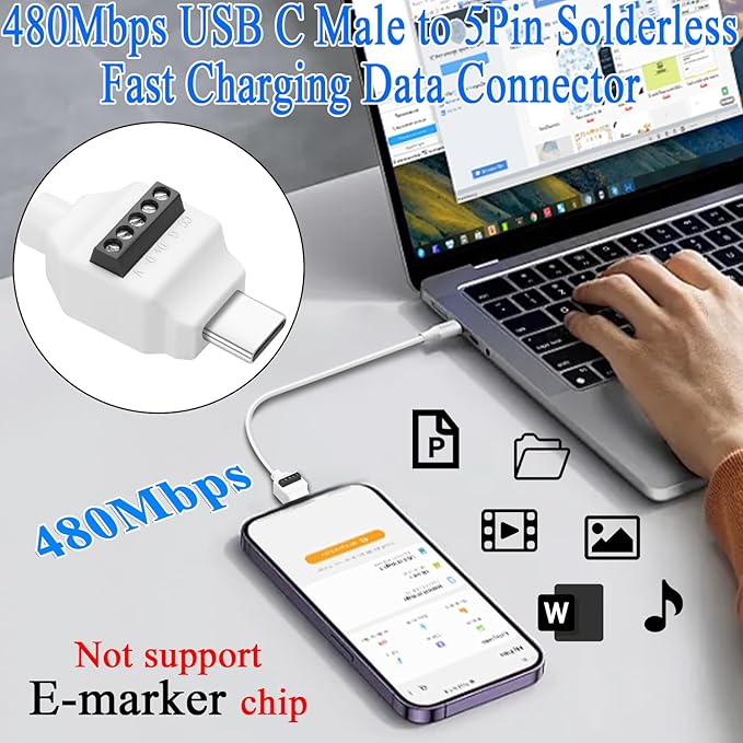 QIANRENON PD60W USB C 5Pin Crimp Solderless Adapter USB Type C Male to 5Pin Terminal Fast Charging Data Connector 480Mbps USB C No Solder Plug, 20V 3A, for DIY Repair Type C-C Charge Cable