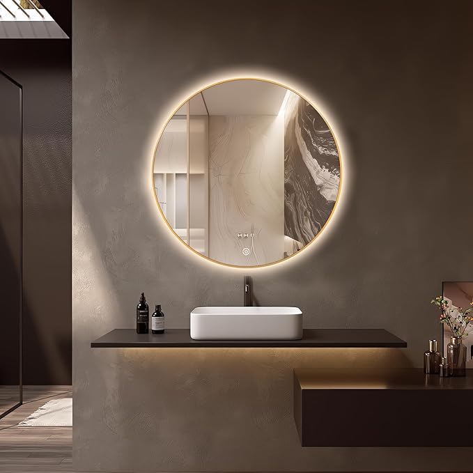 44" Round LED Bathroom Mirror, Wall Mounted Round Backlit Mirror LED Bathroom Vanity Mirror with Lights Fog Free Circle Lighted Mirror with Gold Frame, Smart Light up Mirror 3-Color