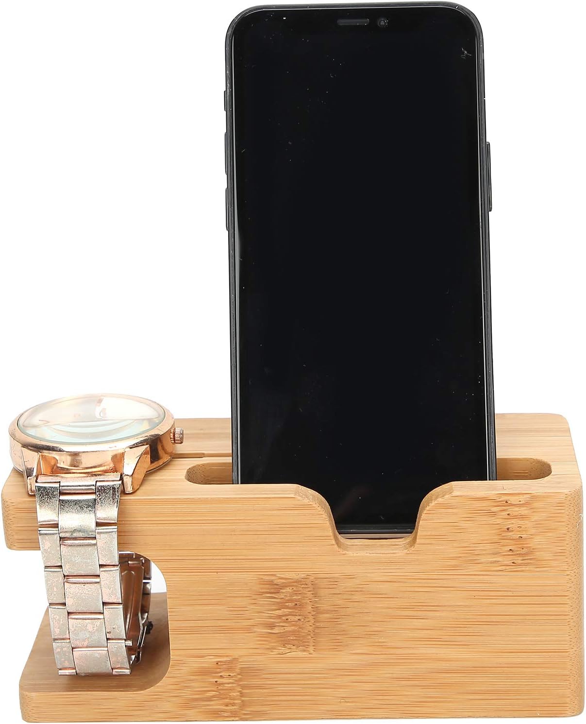 Pssopp Bamboo Charging Station - Wooden Desktop Docking Station Organizer for Cellphone, Smart Watch, Tablet Charging