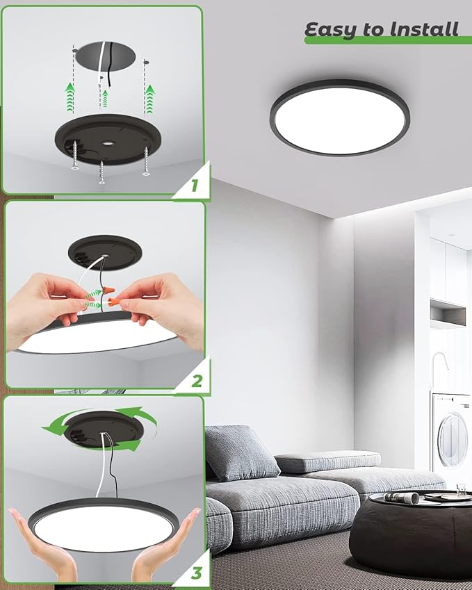 Zemty 2Pack 16.5 Inch LED Flush Mount Light, 36W 4200lm Super Slim Ceiling Light Fixtures, 3000K/4500K/6500K Selectable Ceiling Lamp for Bedroom, Kitchen, Living Room (Black)
