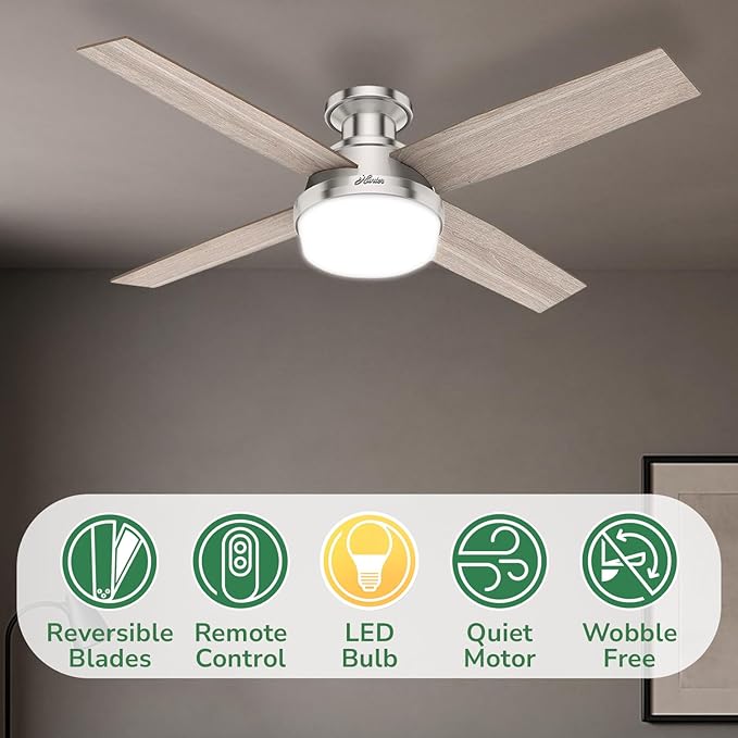 Hunter 52 inch Indoor Ceiling Fan with LED Light and Remote Control- Modern Ceiling Fan, Low Profile Mount, 4 Light Gray Oak Blades, For Bedroom, Living Room, or Kitchen- Dempsey 50283, Brushed Nickel