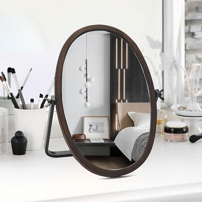 Generic Vanity Table Makeup Mirror-Desk Small Standing Vintage Mirrors 360° Adjustable Rotation, Bronze Wood Framed for Dressing Table,Bedroom, Bathroom,Tabletop,Antique,Desktop 11.8'' x 7.8''