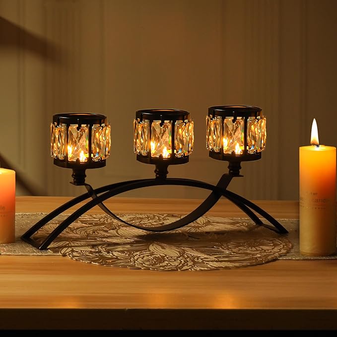 Black 3-Arm Crystal Candle Holders Arched - Elegant Tabletop Candelabra Centerpiece for Weddings, Dining Room Decor, Modern Home & Cabinet Display Housewarming