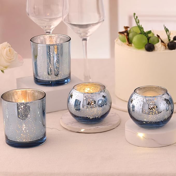 10 Pcs Assorted Blue Votive Candle Holders, Larger Size Mercury Glass Candle Holder, Blue Tea Light Candle Holders for Wedding Decorations, Centerpieces for Tables, Baby Shower
