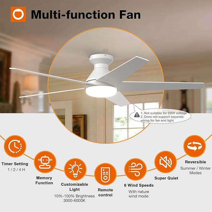 addlon Ceiling Fans with Lights, 52 inch Low Profile Ceiling Fan with Light and Remote Control, Flush Mount, Reversible, 3CCT, Dimmable, Noiseless, White Ceiling Fan for Bedroom, Indoor/Outdoor Use