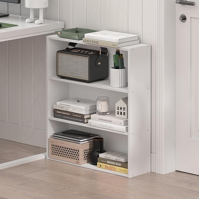 Furinno Basic Book Shelf, 3-Tier Bookshelf, Cube Storage Organizer Bookcase with Open Shelf, 7 x 24 x 26, for Living Room, Bedroom, Home Office, White