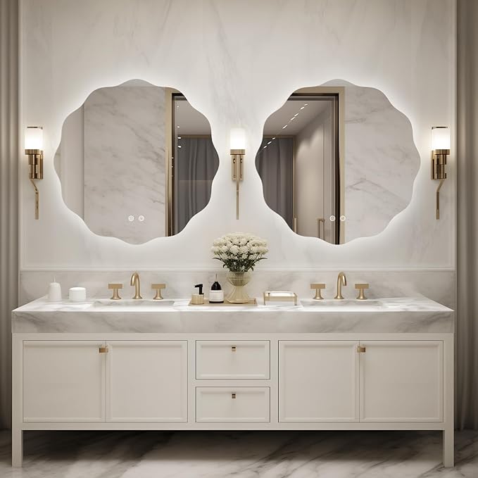 WallBeyond LED Bathroom Mirror with Lights, 28'' Wavy Round Light Up Bathroom Mirror, Anti Fog Led Mirror for Bathroom, 3 Colors and Dimmable Light