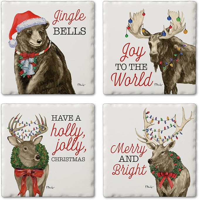 Thirstystone Merry Lodge Creatures 4 Pack Assorted Tumbled Tile Stone Coasters with Protective Cork Backing 4" Square Manufactured in The USA