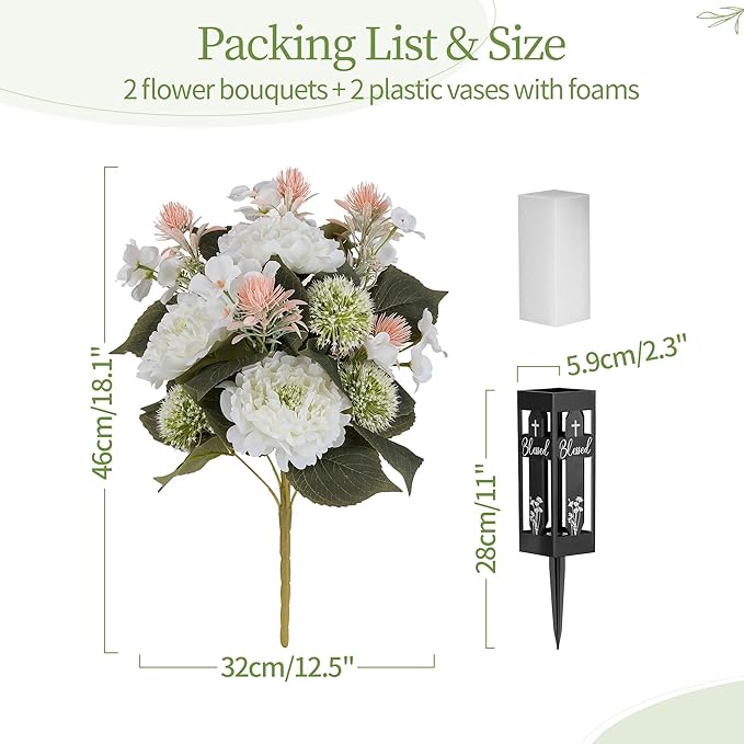 White Artificial Flowers for Cemetery: 2 Pcs Peony Grave Flower Bouquets for Cemetery Decorations - Outdoor Gravesite Flowers with Vase