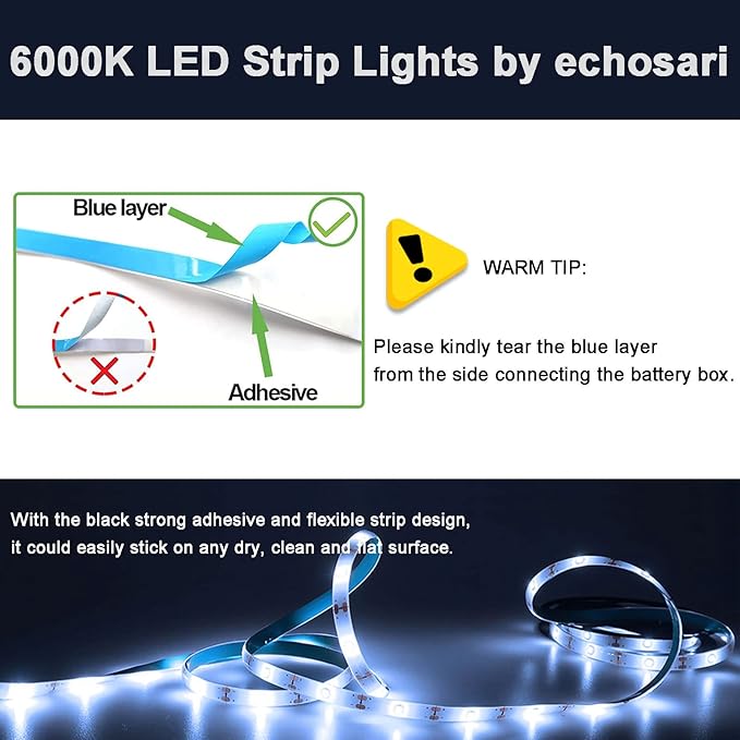 echosari Battery Operated Led Strip Lights White with Remote, 8 Modes, Dimmable, Timer, Self-Adhesive, Cuttable, for PC TV Kitchen Cabinet Shelves Bedroom Decor (3m 90LED)