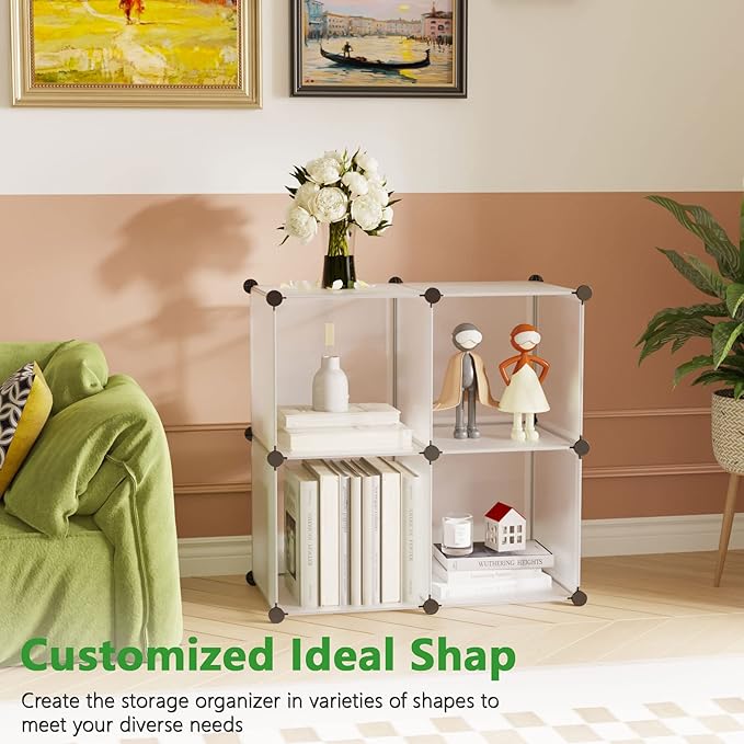 C&AHOME Cube Storage Organizer, 4-Cube Shelving Units, DIY Closet Storage, Modular Book Shelf, Ideal for Bedroom, Living Room, Office, 24.8" L x 12.4" W x 24.8" H Translucent White SBTM3004A
