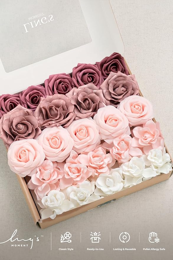 Ling's Moment Artificial Flowers Fake Roses Faux Foam Gardenia Combo for DIY Wedding Bouquets Centerpieces Arrangements Bridal Shower Party Home Decorations, Mauve & Blush, 24pcs