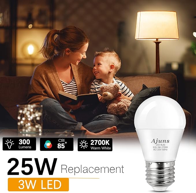 LED 3W 25 Watt Light Bulbs Equivalent, 120V Ceiling Fan Light Table Lamp Bulb Warm White 2700K LED Energy Saving Light E26 Base, Suitable for Home 4 Pack