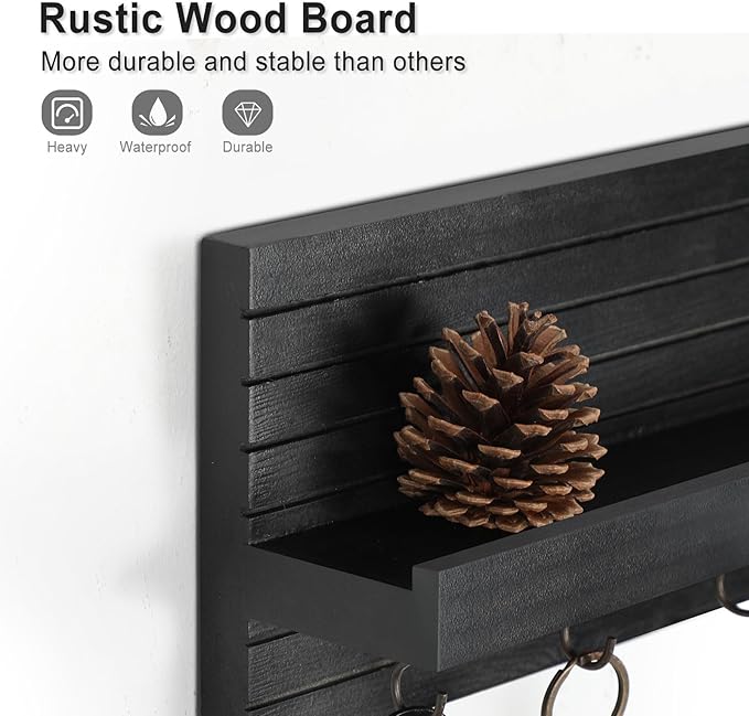 Decorative Key Holder for Wall with Shelf, Entryway Shelf with Hooks Holds Leashes, Jackets and Glasses – Sturdy Wood Keyholder Entrance Hanger with Mounting Hardware (Black, Medium)