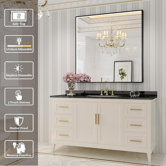 36x36 Inch LED Bathroom Mirror, Black Metal Framed Lighted Mirror for Bathroom, Wall Mouted LED Vanity Mirror with Lights, 3 Colors and Stepless Dimmable, Anti-Fog, Memory
