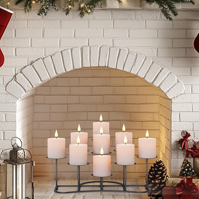 smtyle DIY 9 Mantle Candelabra Flameless or Wax Candle Holders for Fireplace with Black Iron Decoration on Desk/Floor