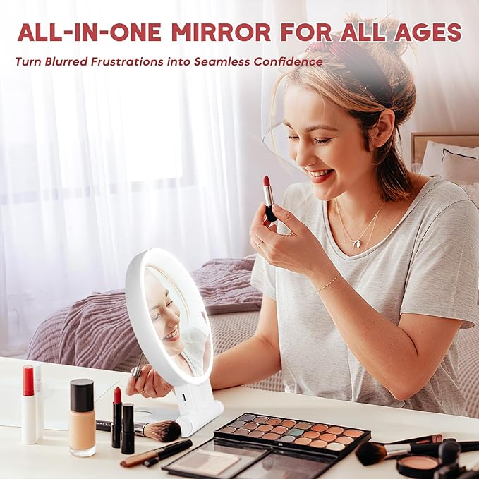 1X/30X Magnifying Mirror with Light and Adjustable Brightness, Makeup Mirror with 360° Rotation Adjustable Folding Handle, Portable Rechargeable Double Sided Mirrors, Foldable Vanity Mirror (white)