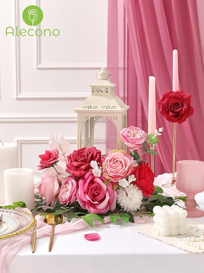 Alecono Artificial Flowers, Hot Pink Fake Flowers Combo Box with Stems for DIY Wedding Bridal Bouquets, Cake Home Decor Indoor Outdoor