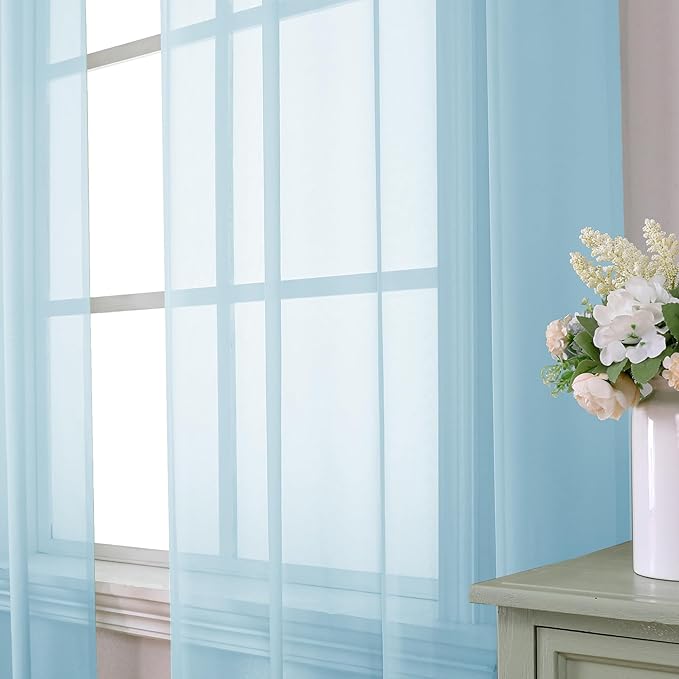 Aiyufeng 2 Pack: Basic Sky Blue Sheer Curtain Drapes 63 Inch Length 2 Panels for Living Room, Light Filtering Voile Drapes for Bedroom, Patio, Sliding Door, Each 40" W x 63" L