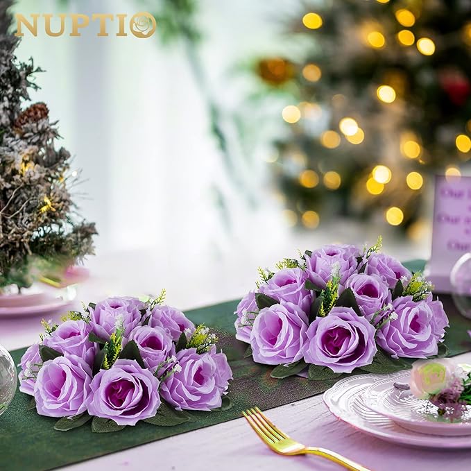 NUPTIO Artificial Flower Centrepieces for Tables - 6 Pcs Lilac Fake Flowers Roses Balls 9.5in Diameter - Silk Faux Rose Arrangement for Wedding Party Centerpiece Table Decor