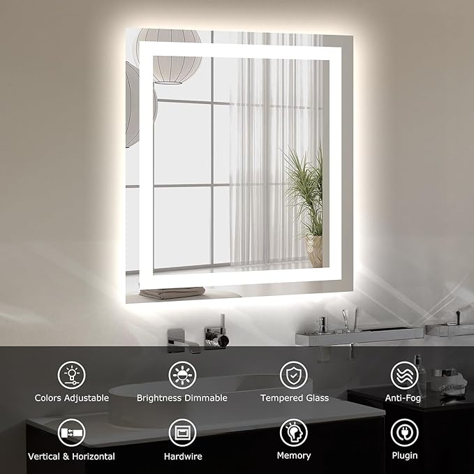 LED Bathroom Mirror with Lights 28x32 Wall Vanity LED Mirror Stepless Dimmable,Double Front and Backlight,Anti-Fog,Memory Smart Mirror for Bathroom