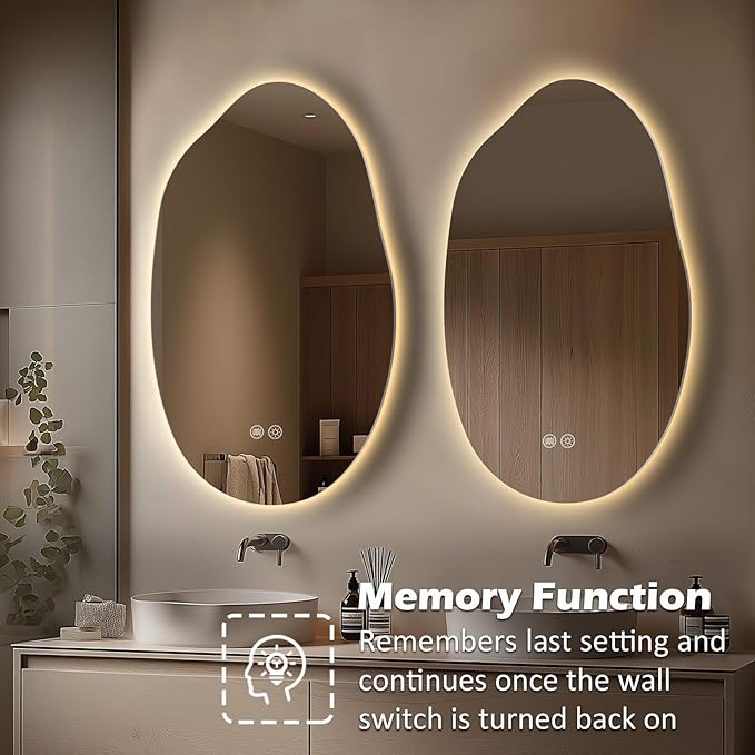 LED Light Bathroom Mirror 22x32, Stepless Dimmable Irregular Backlit Mirror with 3 Colors, Anti-Fog, Memory, Al-Alloy Lampshade, Frameless Makeup Mirror for Bathroom (Horizontal/Vertical)