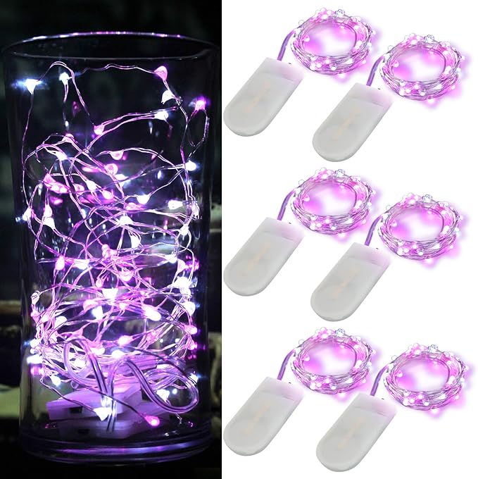 OakHaomie 6 Pack 10ft LED Starry String Lights 30 Micro LEDs on Silvery Copper Wire, CR2032 Batteries Required and Included,for DIY Wedding Christmas Centerpiece Table Decorations(Pink White)
