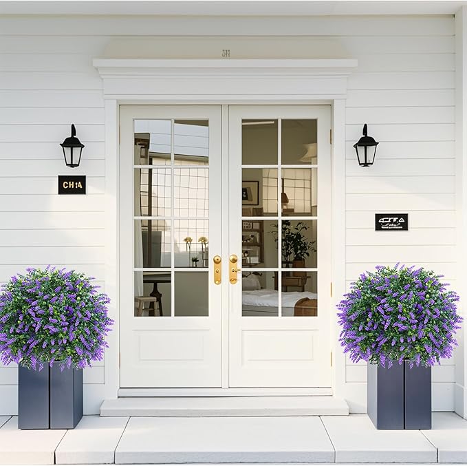 Artificial Lavender Topiary Ball Trees,2 Set of 16'' UV Resistant Fake Evergreen Shrubs Bushes Plants with Ground Spike, Fake Plants for Outdoor Indoor Front Porch Garden