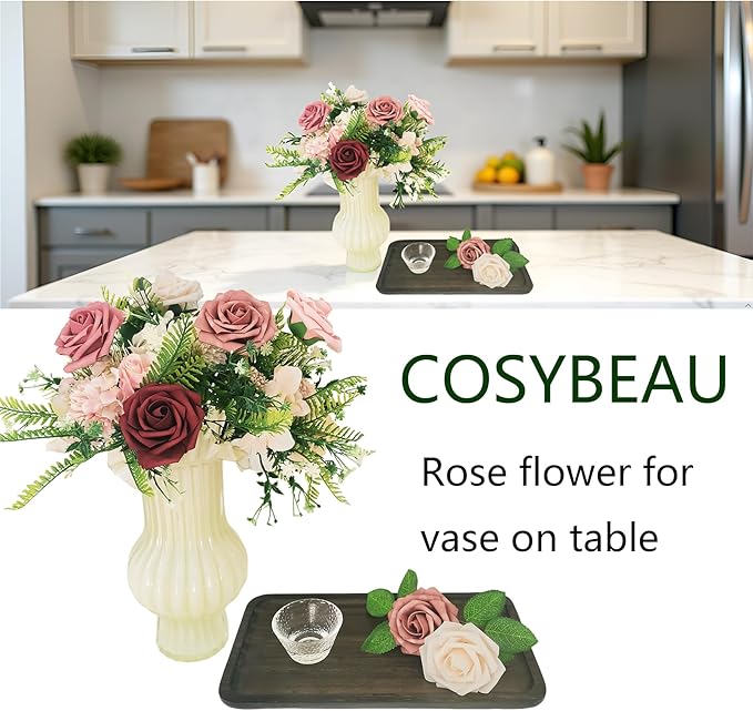 Artificial Flowers 25pcs Roses, Shade of Burgundy Foam Fake Rose Faux Flower for DIY Wedding Bouquets Bridal Shower Centerpieces Floral Arrangements Party Tables Home Decorations