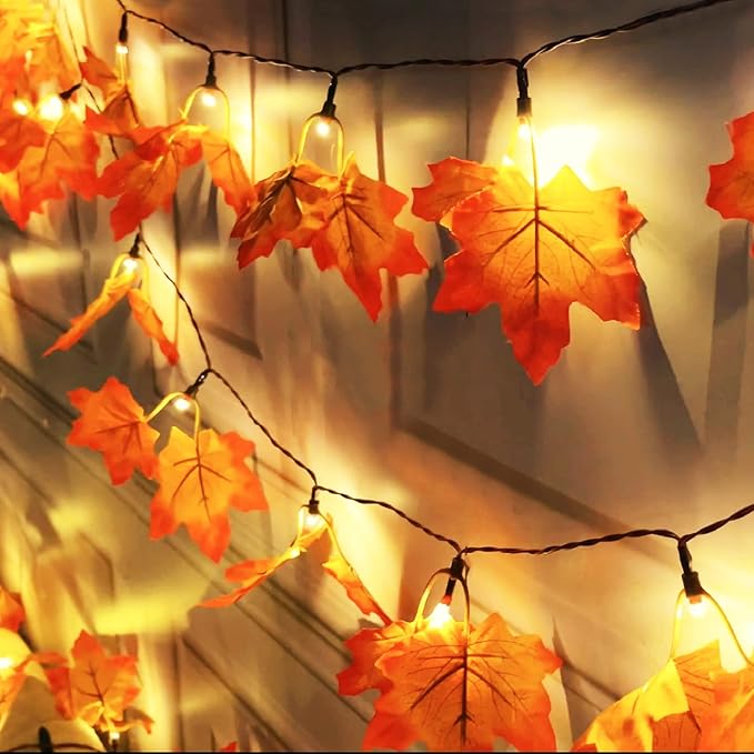 Timer & Thicker Leaves - 2 Pack Fall Garland with Lights Thanksgiving Fall Decorations for Home Total 80 Leaves 40LED 13Ft Battery Operated Lighted Thanksgiving Garland Home Indoor Outdoor Christmas