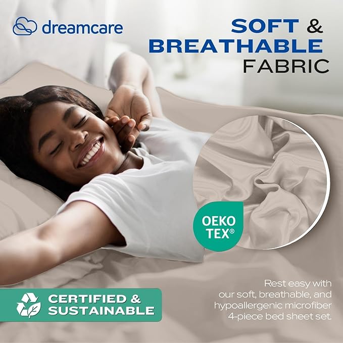 DREAMCARE Full Size Sheets Set - 4 Pcs Cooling Bed Sheets with Up to 15" Deep Pockets - Soft, Long-Lasting 100% Brushed Polyester with Side Pocket (Beige)