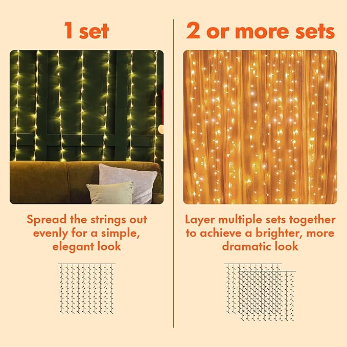 Twinkle Star 300 LED Window Fairy Curtain String Lights, 8 Modes Fairy Lights for Bedroom Wedding Party Home Garden Outdoor Indoor Wall Decorations, Warm White, 2 Pack