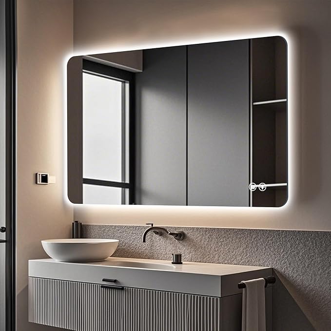 36''x24'' Lighted Mirrors for Bathroom Wall Backlit Rectangular Rounded Corners, LED Bathroom Mirror Frameless with Lights Anti Fog, Dimmable, 3 Colors,Tempered Glass, Shatter-Proof (Color 2)