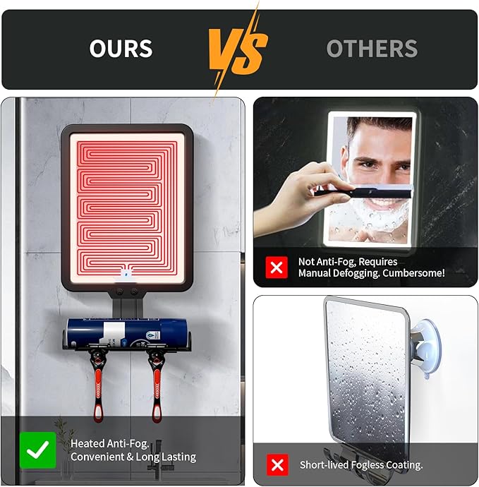 Lighted Shower Mirror Fogless for Shaving, Heated Fog Free Large 9.5*7inch 3 Color Modes Dimming Shower Shaving Mirror with Light, Rechargeable Anti-Fog Shower Mirror with Storage Tray & Razor Holders