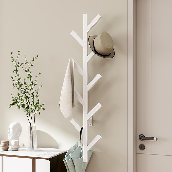 Vlush Wall Mounted Metal Coat Rack with 9 Hooks Modern Minimalist Coat Racks, Upright hat rack for wall for Hanging Clothes, Hats, Hanging Bags and Scarves Entrance Wall Iron Coat Rack (White)
